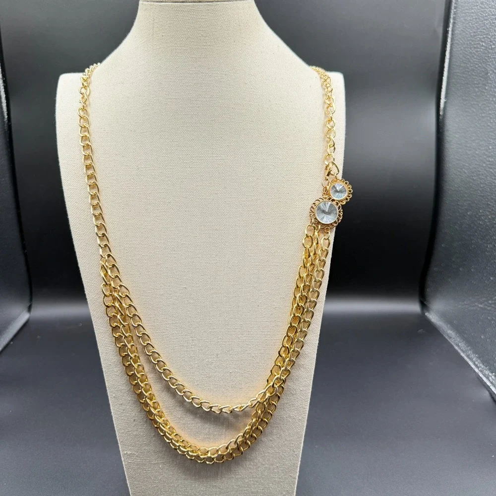 Gold Tone Triple Strand Chain Necklace Clear Rhinestone Statement Layered Boho